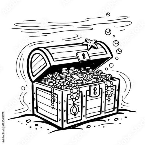 Pirate treasure chest filled with gold and jewels underwater