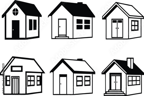 Monochrome illustrations displaying a variety of house or home styles outlines housing and architectural design