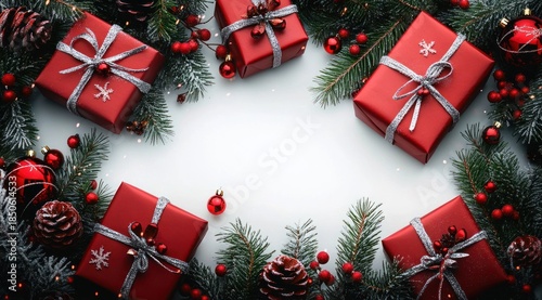 festive holiday arrangement of red wrapped gifts with silver ribbons, evergreen branches, pine cones and red baubles framing a snowy white center, joyful cozy mood
