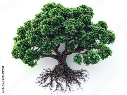 Majestic green tree with twisting trunk and exposed roots, lush canopy evoking resilience and grounded serenity