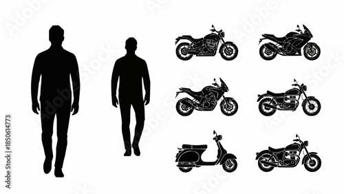 Silhouettes of two men and various motorcycles and scooters.