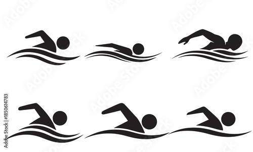 A collection of black vector icons showing swimmers performing different strokes in water.