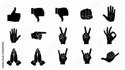 Collection of Diverse Hand Gestures and Symbols in Silhouette.