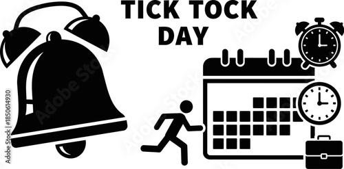 Iconic black and white graphic celebrating tick tock day with alarms calendar and running figure