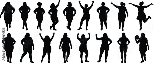 Body positive female silhouettes set, diverse plus size women poses, empowerment confidence concept illustration on white background