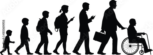 Human life stages silhouette, aging progression, childhood to old age, development phases, generational icons, black vector illustration