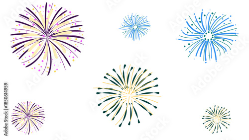 set of fire works for new year or other celebration, hand drawn vector illustrations on transparent background 