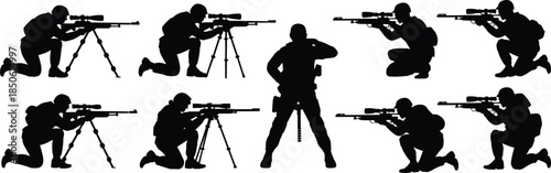 Military silhouette, tactical shooting pose, rifle tripod, precision training, crouching stance, coordination, discipline, combat readiness, armed forces, marksmanship, soldier formation,