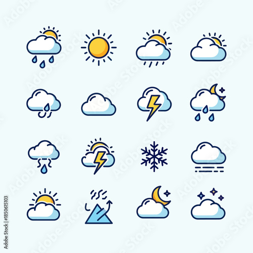 Weather Icons Set Sun Clouds Rain Snow Lightning and Wind.