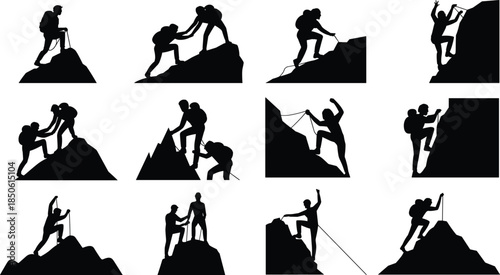Mountain climbing silhouettes, teamwork and leadership concept, hikers helping each other, adventure success, motivation, cooperation, challenge, achievement