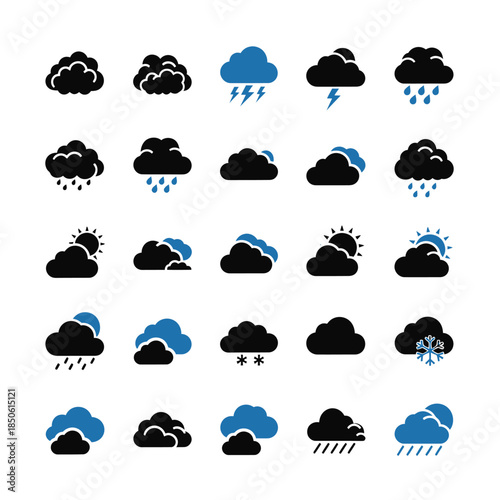 Weather Icons Set Diverse Cloud Formations and Precipitation Symbols.
