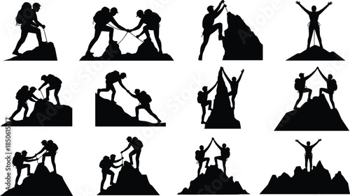Mountain climbing teamwork silhouettes, hikers helping each other reach summit, leadership success, motivation, adventure, achievement concept illustration