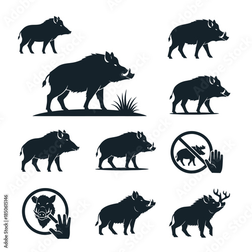 Wild Boar Silhouette Set Vector Illustrations for Hunting and Wildlife Themes.