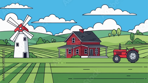 Red tractor and windmill on a farm with a house.