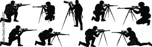 Silhouettes, tactical shooter poses, rifle tripod stances, sniper training, military shooting positions, precision aiming, kneeling, standing, crouching