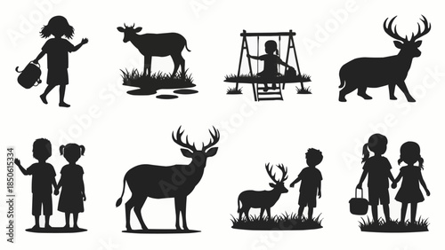 Children and Deer Silhouettes in Various Outdoor Scenes.
