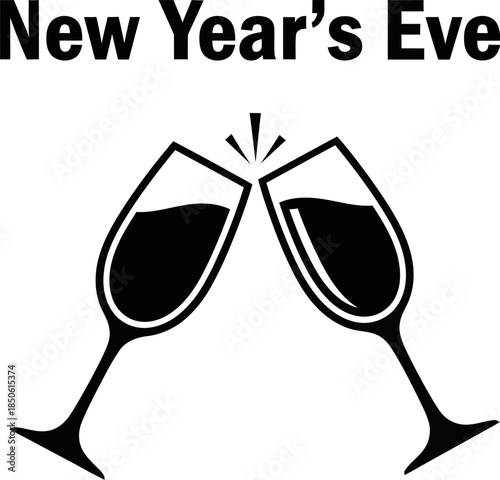 Celebrate new year's eve with a classic black and white toast featuring two clinking champagne glasses icon
