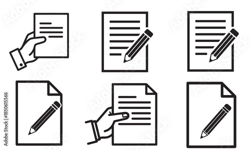 A set of six outline vector icons representing document management and creation tasks