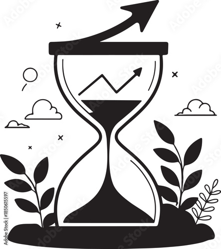 Hourglass with arrow rising upward, time-based growth strategy and scaling concept, vector silhouette