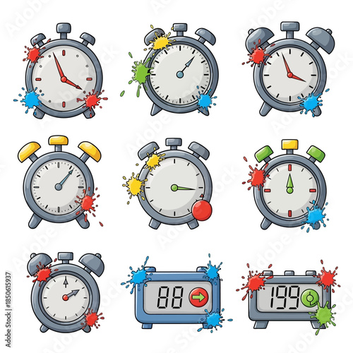 Collection of colorful alarm clocks.