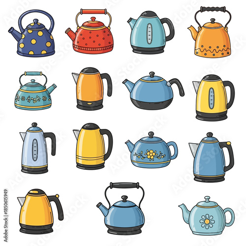Collection of colorful tea kettles variety.