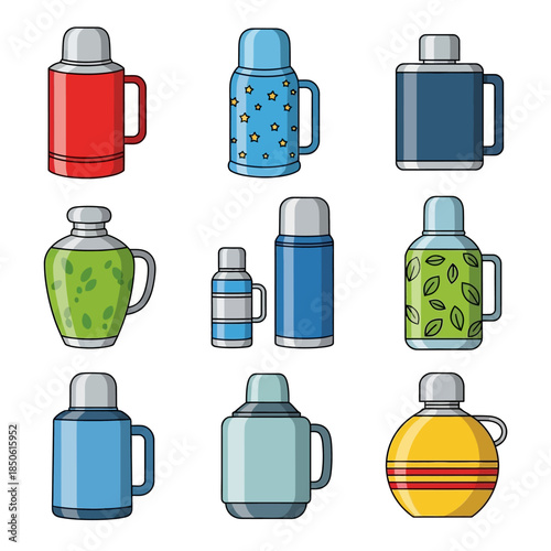 Collection of colorful thermos bottles.