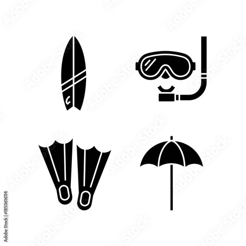 Collection of Summer Vacation and Water Sports Equipment Icons.