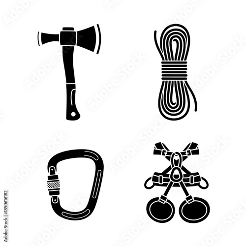 Set of climbing and adventure gear icons.