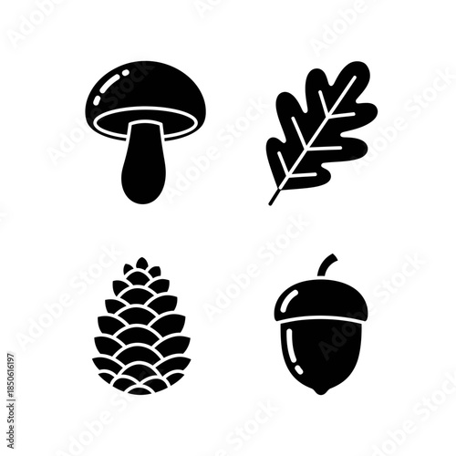 Set of Four Autumnal Nature Icons Mushroom Oak Leaf Pinecone Acorn.