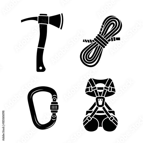 Set of climbing and rescue equipment icons.