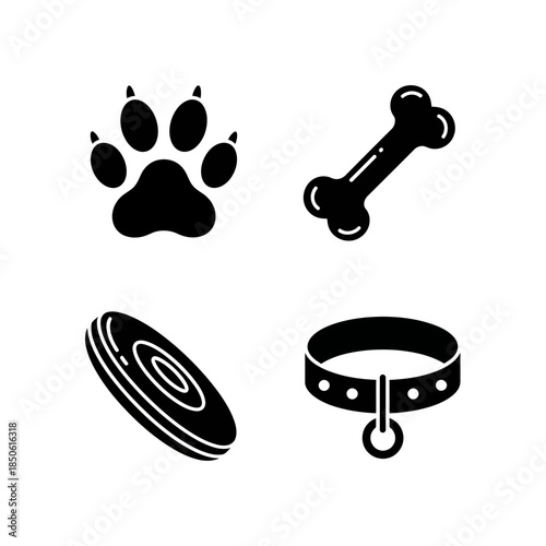 Set of four black icons representing dog accessories.