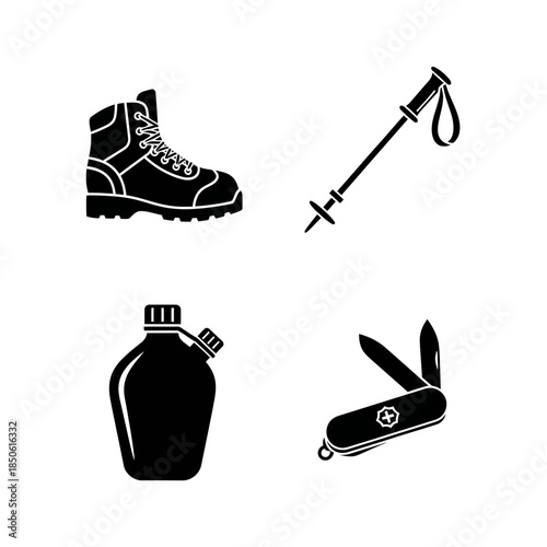 Set of four essential hiking and camping equipment icons.