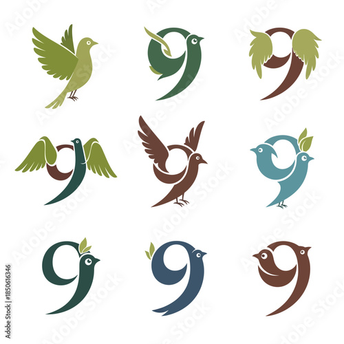 Colorful birds in various poses flying.