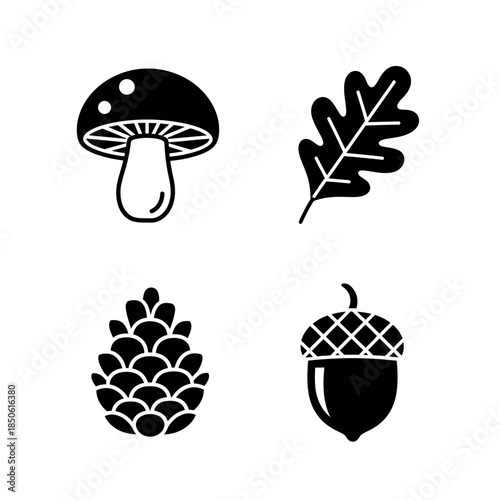 Set of four stylized autumn forest icons including mushroom oak leaf pinecone and acorn.