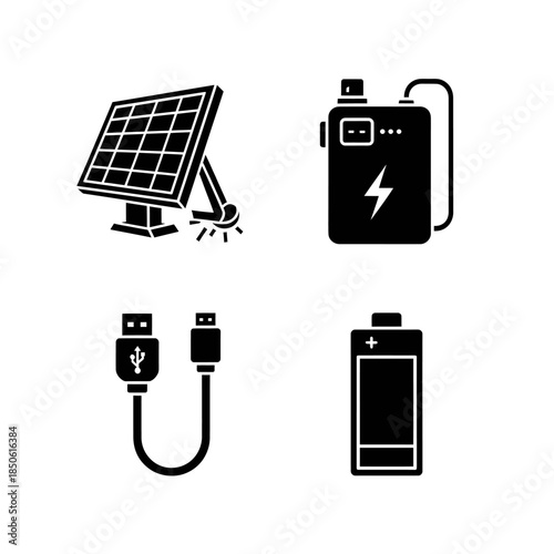 Set of Icons Representing Renewable Energy and Power Storage.