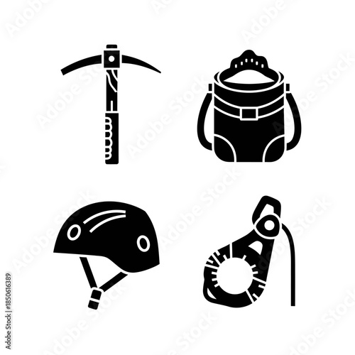 Set of mountaineering equipment icons including ice axe backpack helmet and climbing gear.