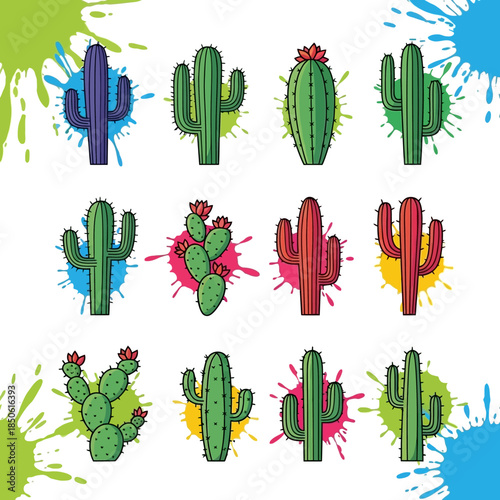 Colorful Cartoon Cactus Plants Variety.