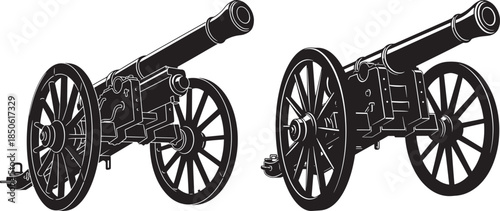 Two antique artillery cannons in silhouette isolated on white background