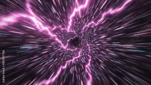 A first-person perspective rushing through a futuristic wormhole. Sharp magenta and cyan light rays fan outward from a central vanishing point, creating aggressive cosmic speed trails. The rays pulse 
