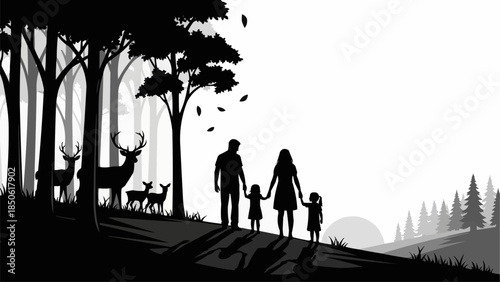 Family Silhouette Standing Together on a Hillside.