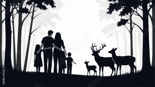 Family Observing Deer in a Forest Silhouette Scene.