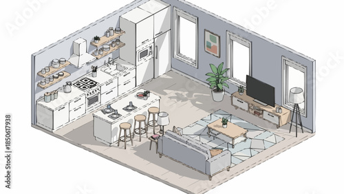 Modern open plan living space with kitchen and lounge area.