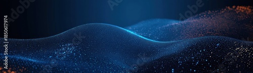 glowing blue particle wave landscape with flowing digital dots and warm orange highlights, futuristic calm and mysterious atmosphere
