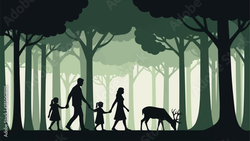 Family walking in forest with deer silhouette.