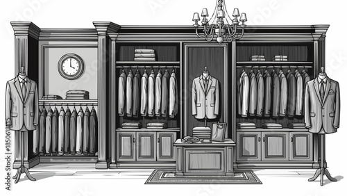 Elegant Wardrobe Display Featuring Tailored Suits and Accessories.