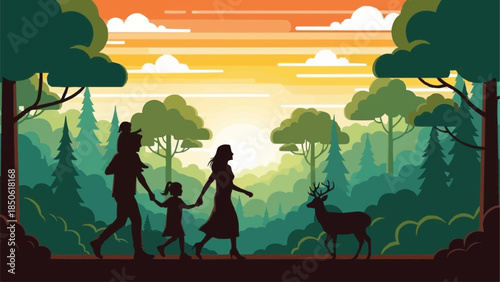 Family walking in forest with deer at sunset.