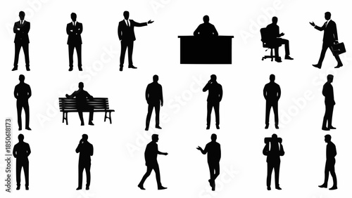 Collection of diverse business people silhouettes in various poses and activities.