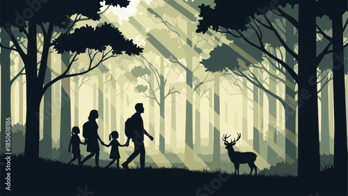 Family walking in forest encountering a deer.