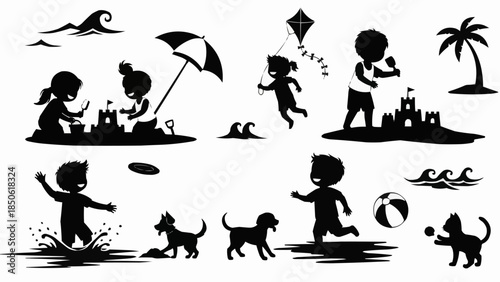 Children and pets enjoying a sunny day at the beach building sandcastles playing games.