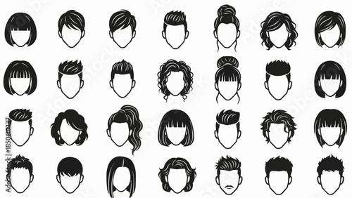 Collection of diverse hairstyles for men and women illustrated in a minimalist black and white style.